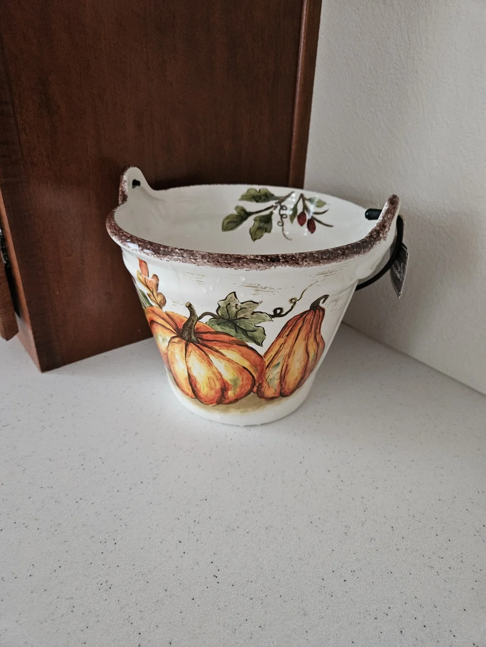 Decorative Autumn Pumpkin Ceramic Bucket- White and Orange